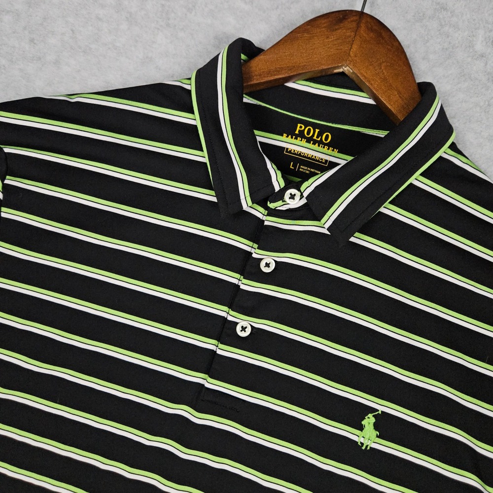 Polo Ralph Lauren Mens Large Lime Green Striped Performance Golf Polo Pony Shirt